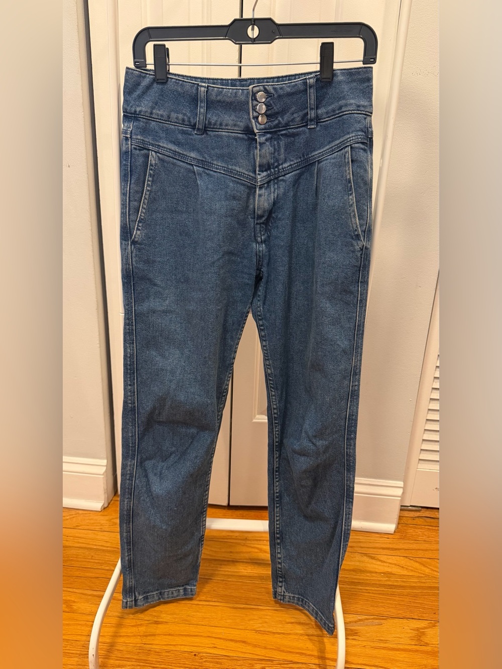 Sezane Sam Sama High Waisted Pleated Tapered Denim Trouser Jeans Blue Sz 36 US 4